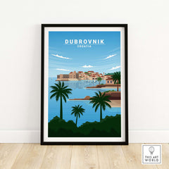 Dubrovnik art print featuring vintage-inspired illustration of Croatian landscape with palm trees and coastal view.