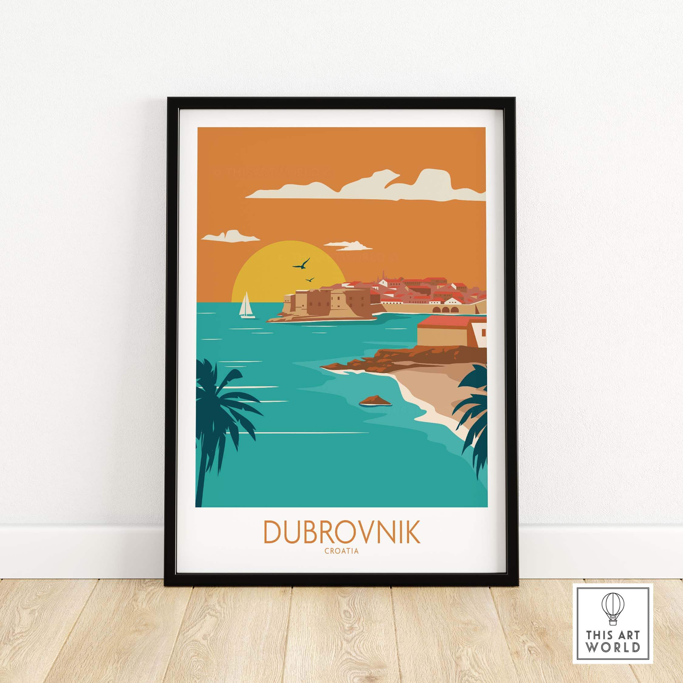 Dubrovnik poster art print showcasing a vibrant seascape and sunset, perfect for travel enthusiasts.