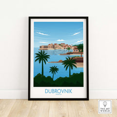 Dubrovnik Poster Art Fine Art Print featuring coastal scene with palm trees, perfect for wall decor in home or office.