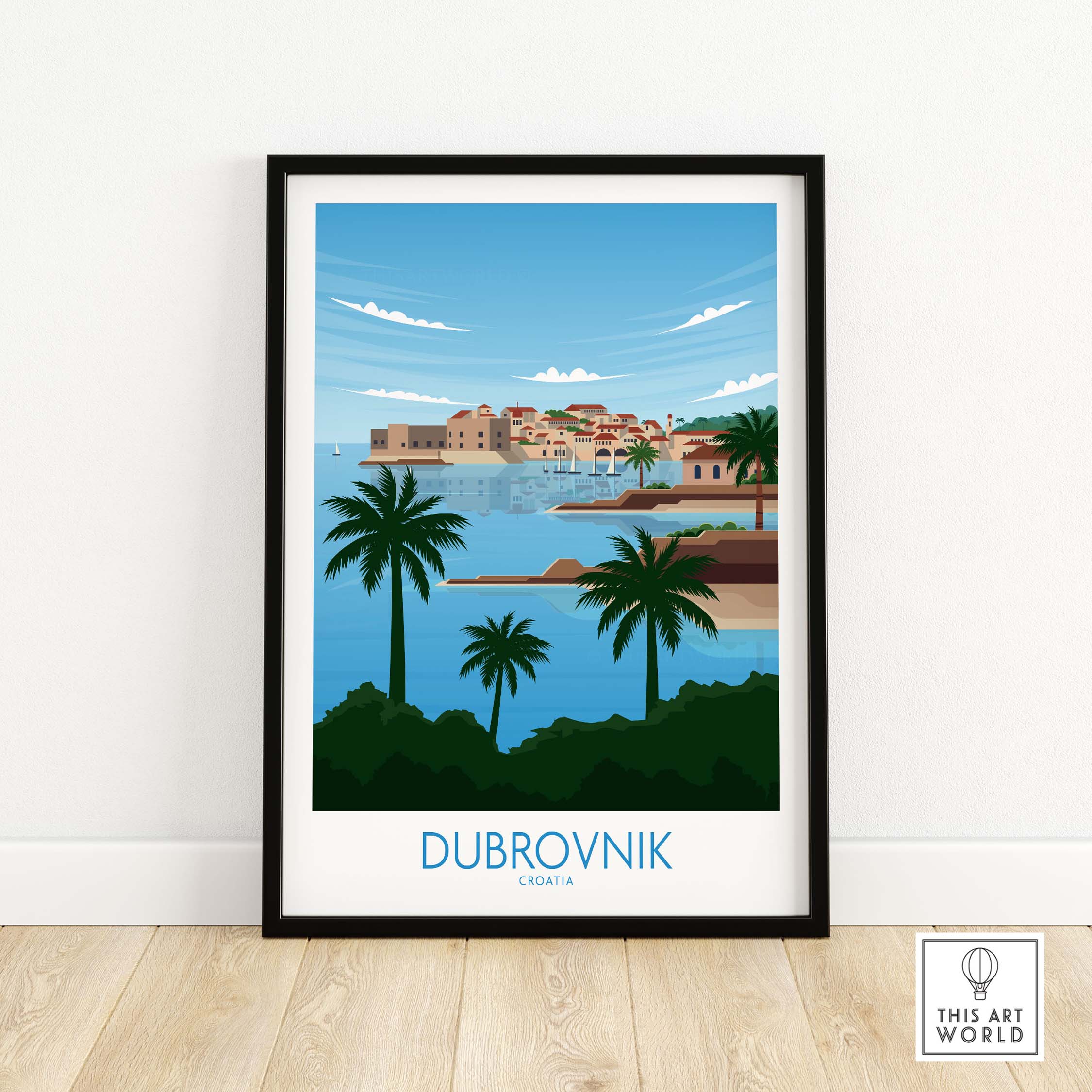 Dubrovnik Poster Art Fine Art Print featuring coastal scene with palm trees, perfect for wall decor in home or office.