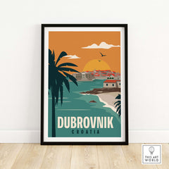 Dubrovnik Poster Wall Art Print featuring a colorful landscape with palm trees and a sunset in Croatia.