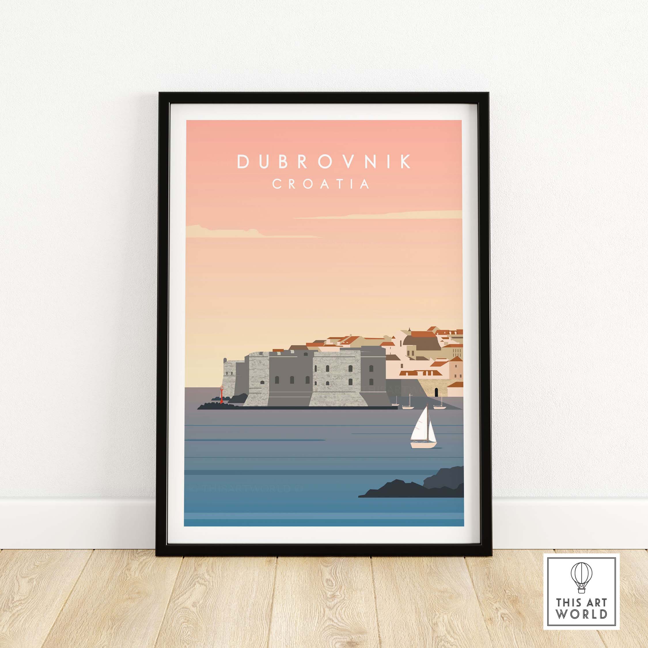 Dubrovnik Print Wall Art Poster featuring a coastal view and vintage style, perfect for home decor.