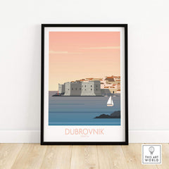 Dubrovnik print travel poster showcasing the coastal cityscape and sailboat, framed art for home decor.