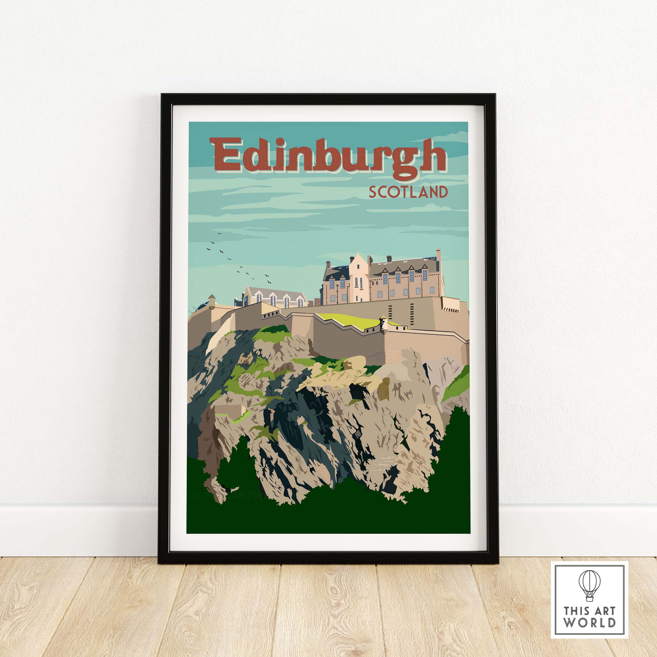 Edinburgh Print Poster Wall Art featuring Edinburgh Castle, vintage style travel poster for Scotland decor.