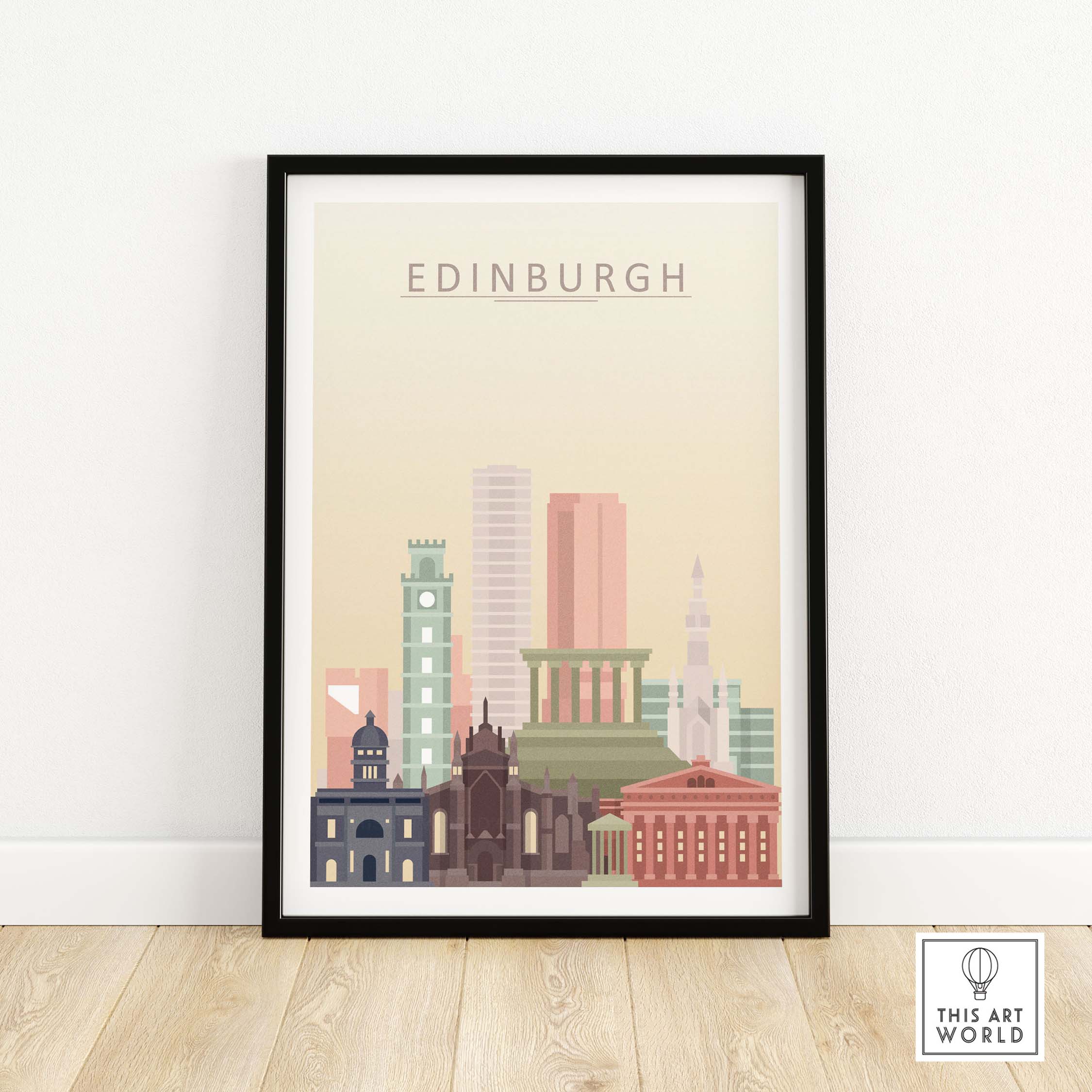Edinburgh skyline print wall art featuring iconic buildings in warm pastel tones, perfect for home decor.