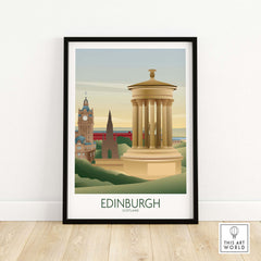 Edinburgh wall art print featuring iconic Scottish architecture, framed artwork showcasing vintage travel design.