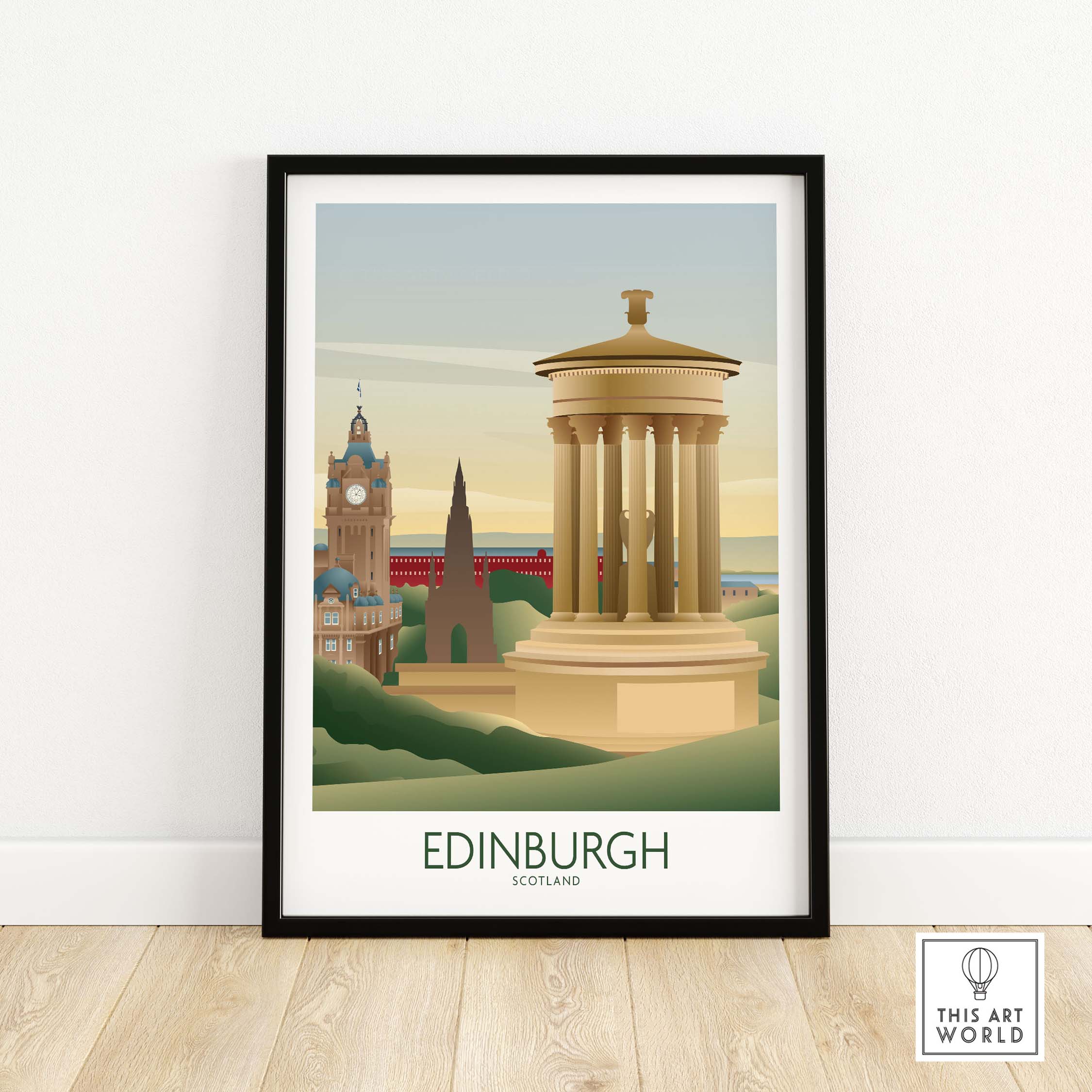 Edinburgh wall art print featuring iconic Scottish architecture, framed artwork showcasing vintage travel design.