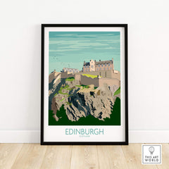 Edinburgh print travel poster featuring Edinburgh Castle, framed wall art inspired by vintage style.