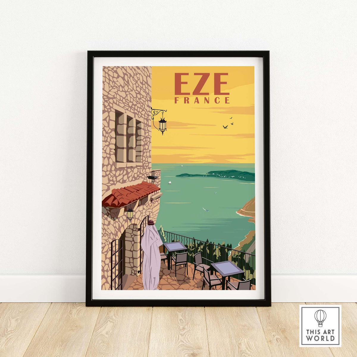 Eze France vintage travel poster print featuring coastal view, perfect for home or office wall art.