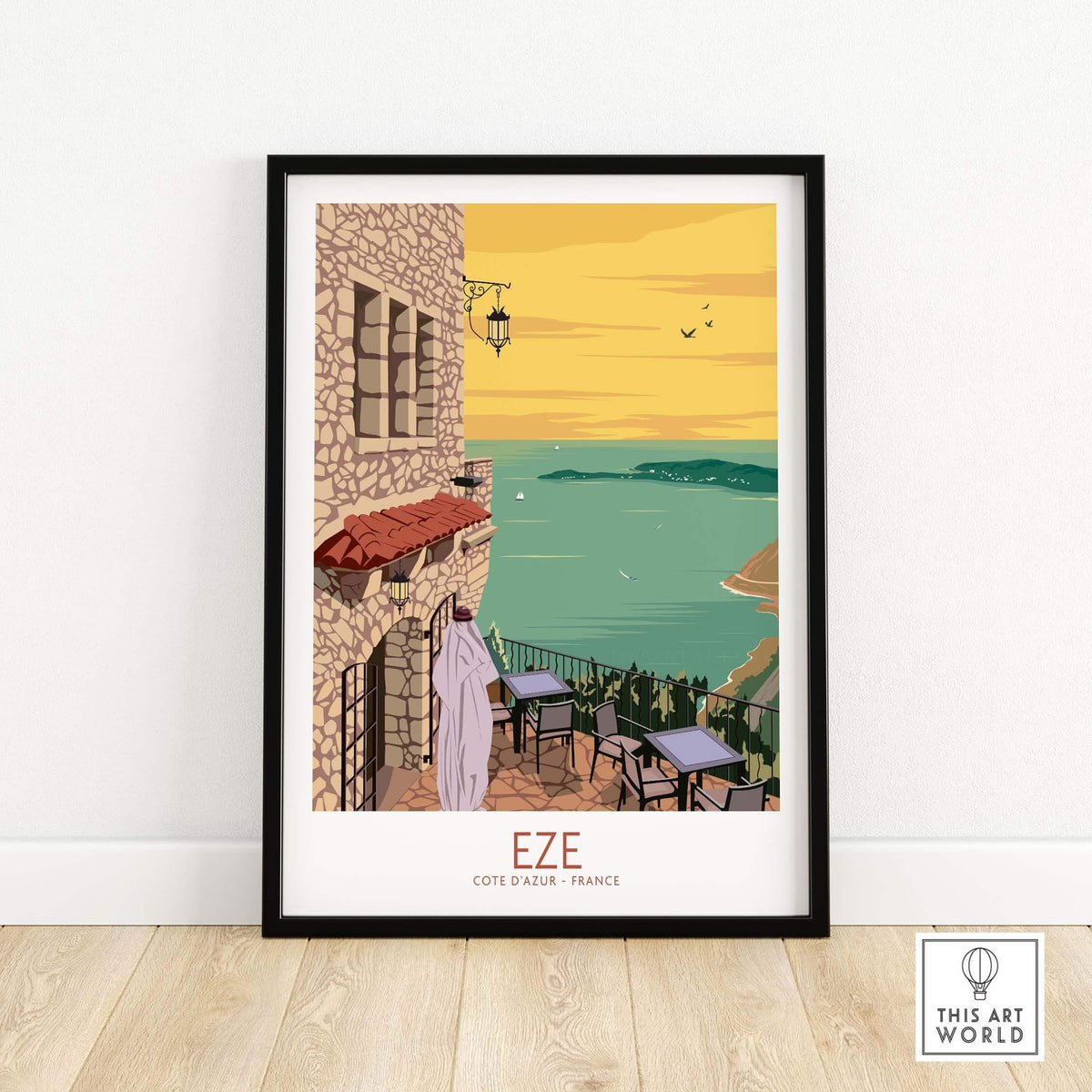 Eze Print France travel poster featuring coastal view and vintage design, perfect wall art for homes or offices.