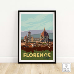 Vintage Florence poster wall art showcasing the iconic skyline of Florence, Italy in stylish colors, framed.