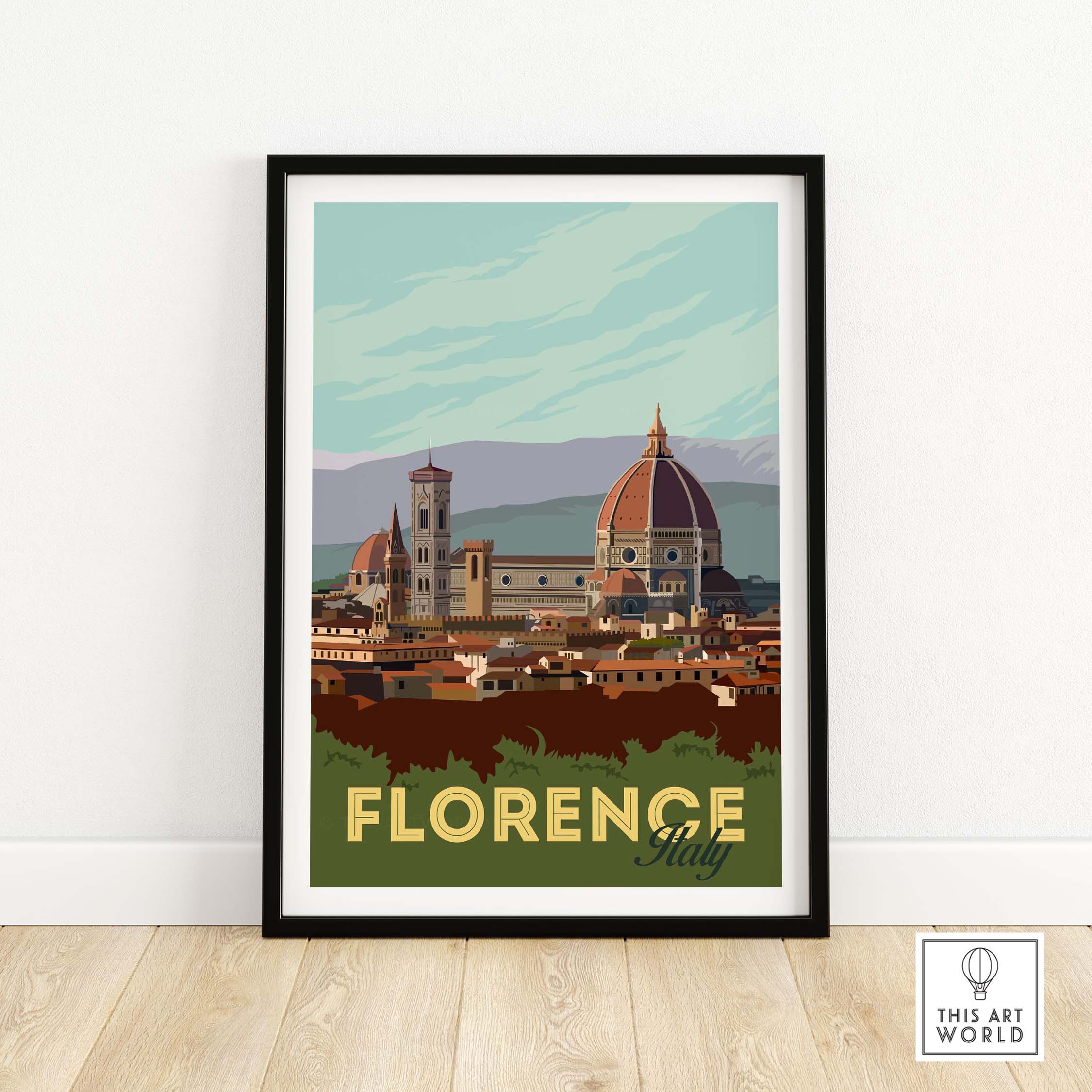 Vintage Florence poster wall art showcasing the iconic skyline of Florence, Italy in stylish colors, framed.
