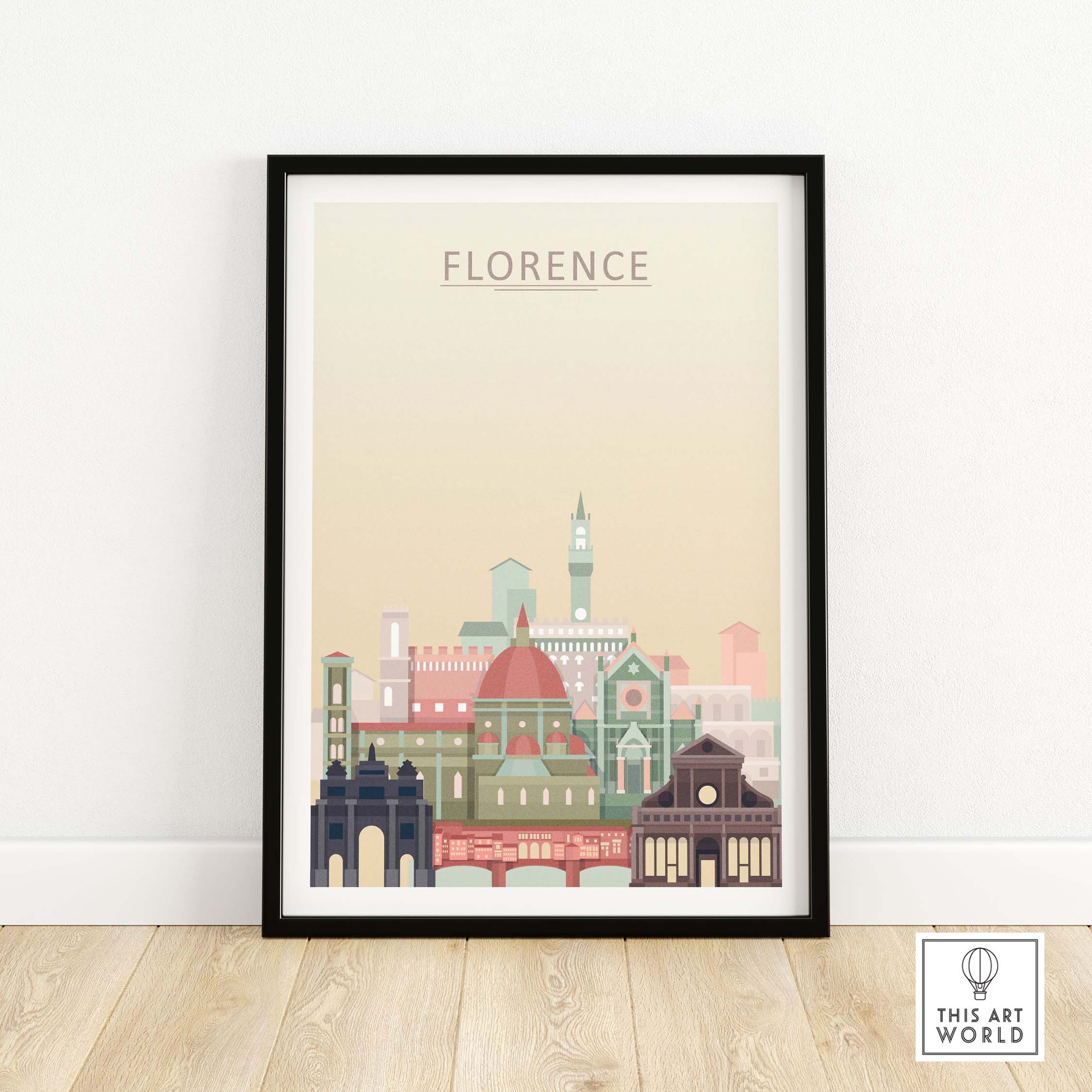 Florence skyline print framed in black, showcasing iconic Italian architecture in soft pastel colors.