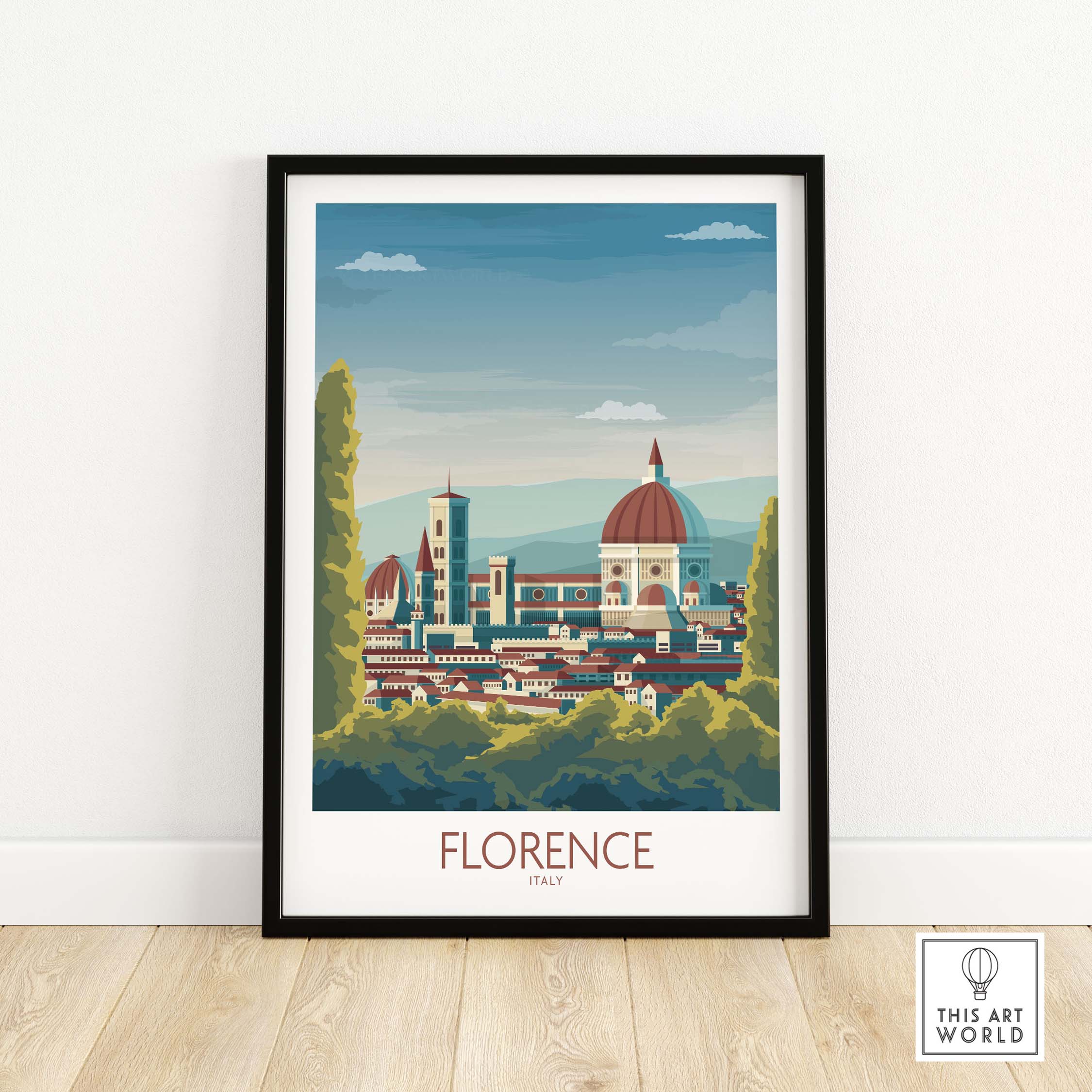 Florence Poster Italy Art Print featuring a modern minimalist design of the city's skyline, framed for stylish decor.