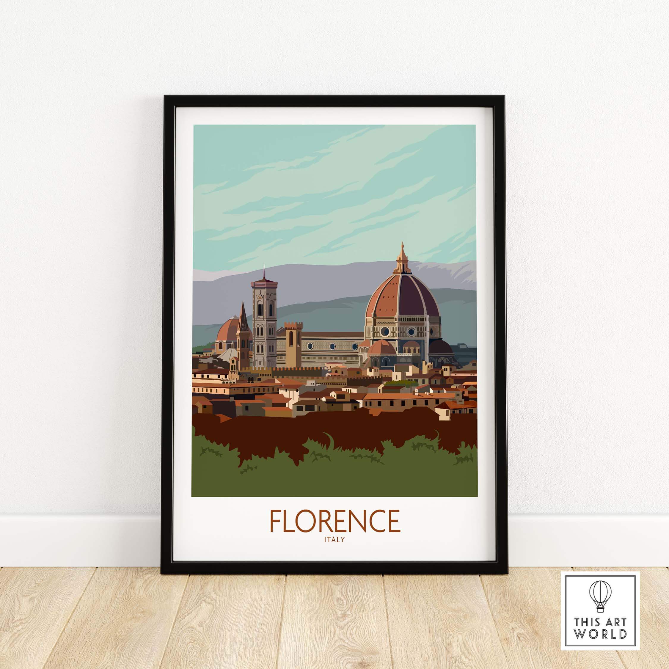Florence Print Italy Travel Poster featuring city skyline with iconic dome and tower, framed art for stylish home decor.