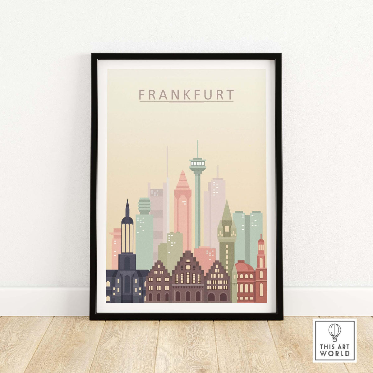 Frankfurt skyline print wall art in pastel tones featuring iconic architecture for home decor.