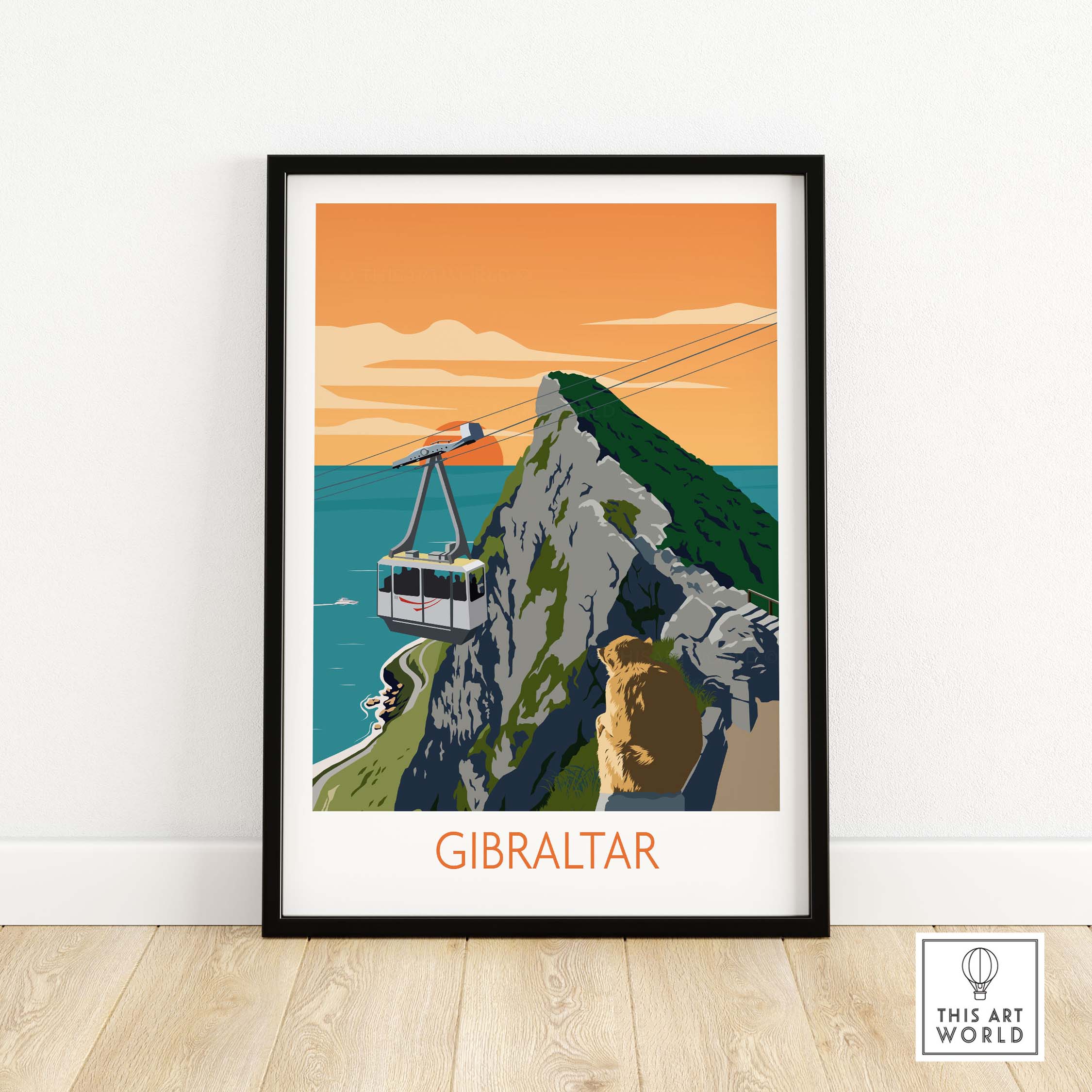 Gibraltar travel poster art print featuring a cable car and scenic view of the rock and ocean.
