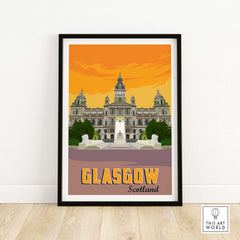 Glasgow Poster Print showcasing iconic Scottish architecture, perfect wall art for home or office decor.