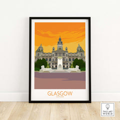 Glasgow Travel Poster Art Print featuring iconic architecture in warm orange tones, perfect for home or office decor.