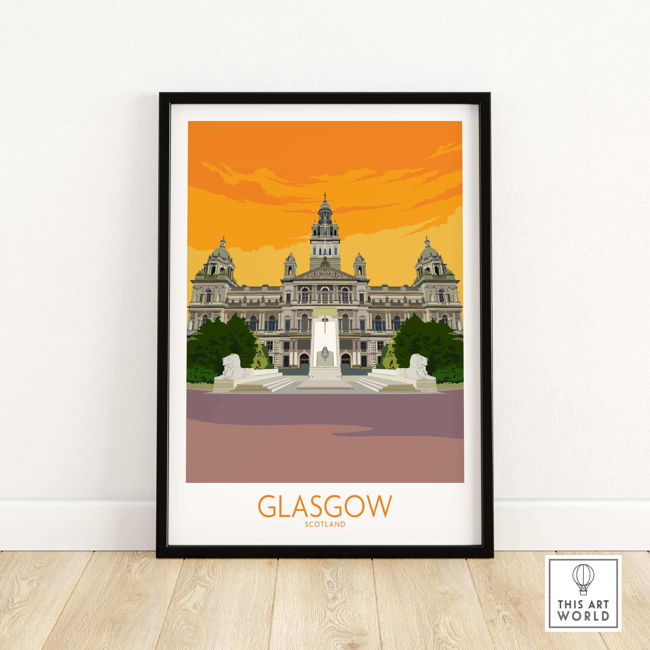 Glasgow Travel Poster Art Print featuring iconic architecture in warm orange tones, perfect for home or office decor.