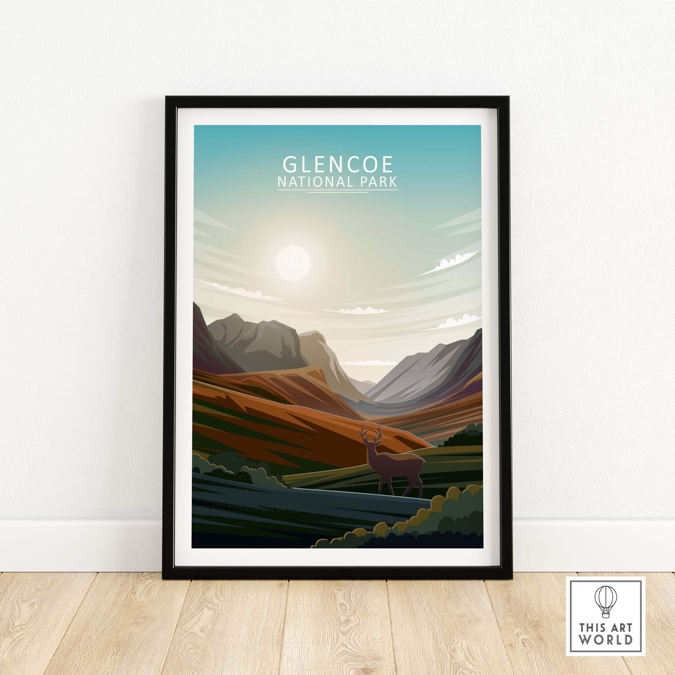 Glencoe National Park poster print featuring mountains and a sunset, perfect for nature lovers and art enthusiasts.