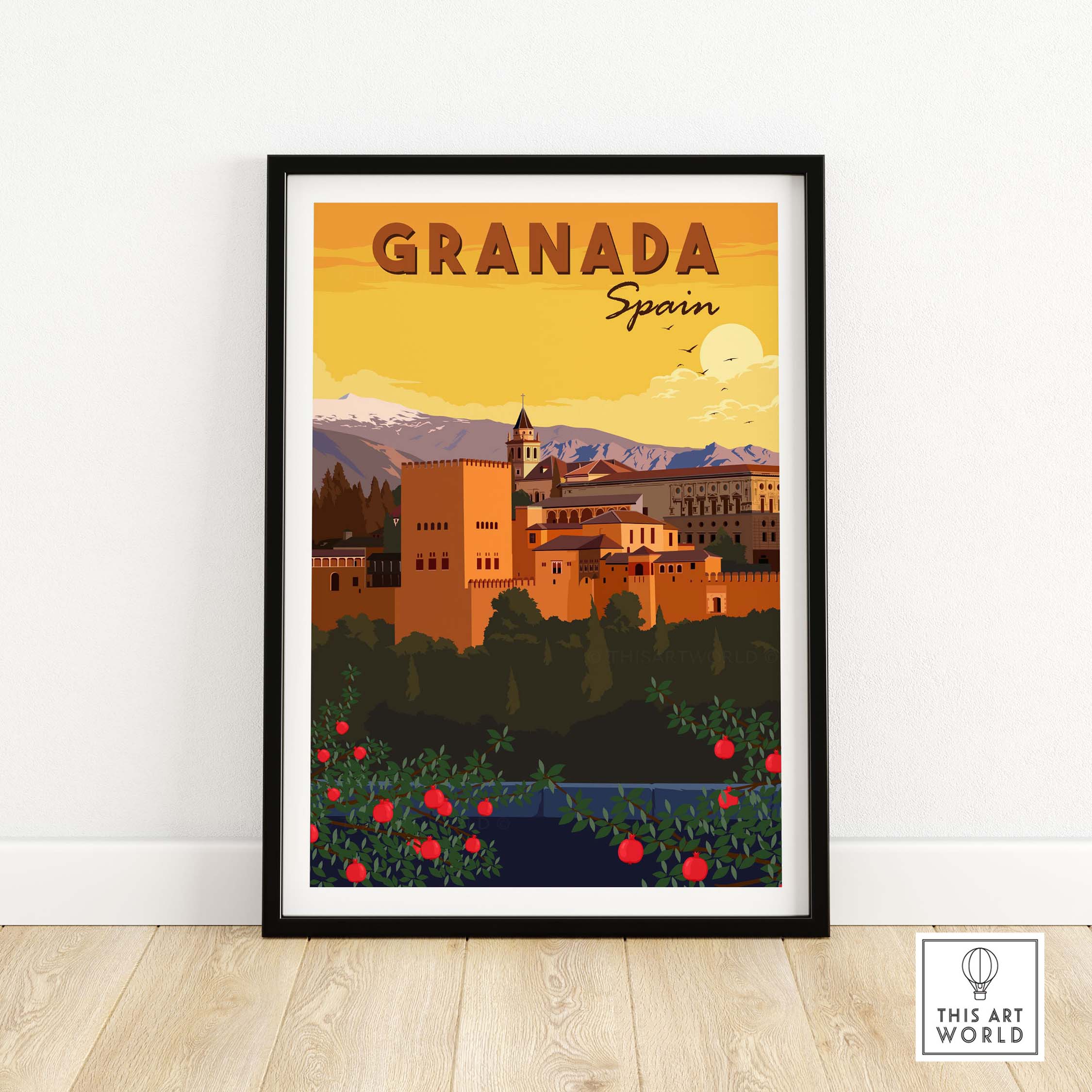 Granada Wall Art Print showcasing iconic architecture and vibrant colors inspired by vintage travel posters from Spain.