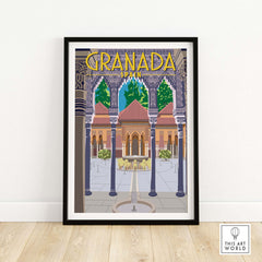 Granada Poster Spain Print framed artwork showcasing the Alhambra with vibrant colors and vintage style.