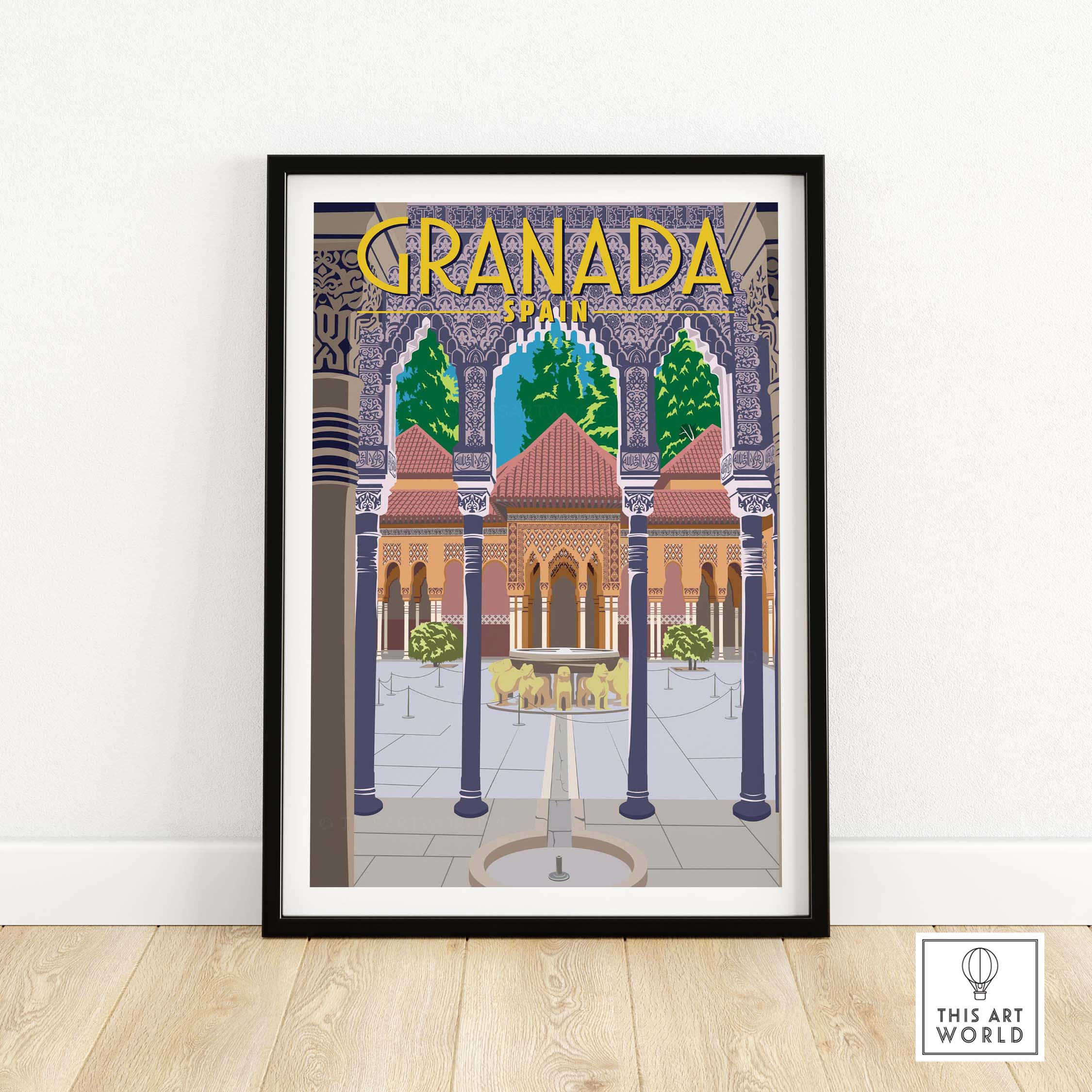 Granada Poster Spain Print framed artwork showcasing the Alhambra with vibrant colors and vintage style.