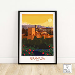 Granada Poster Print featuring a vintage-style illustration of Granada, Spain, with vibrant colors and a minimalist design.
