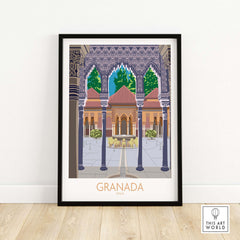 Granada Spain poster print featuring vintage architecture and vibrant colors, perfect for home decor.