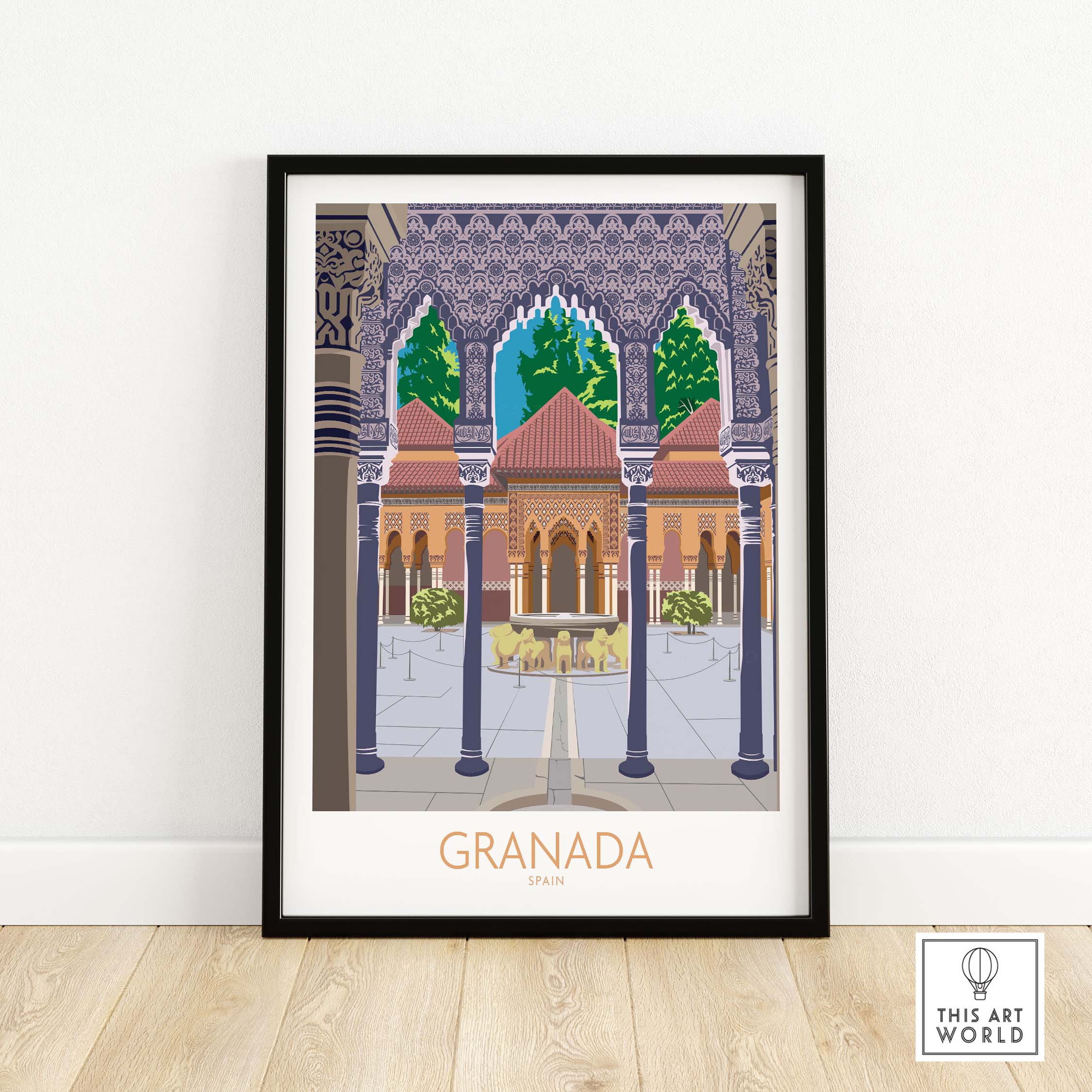 Granada Spain poster print featuring vintage architecture and vibrant colors, perfect for home decor.