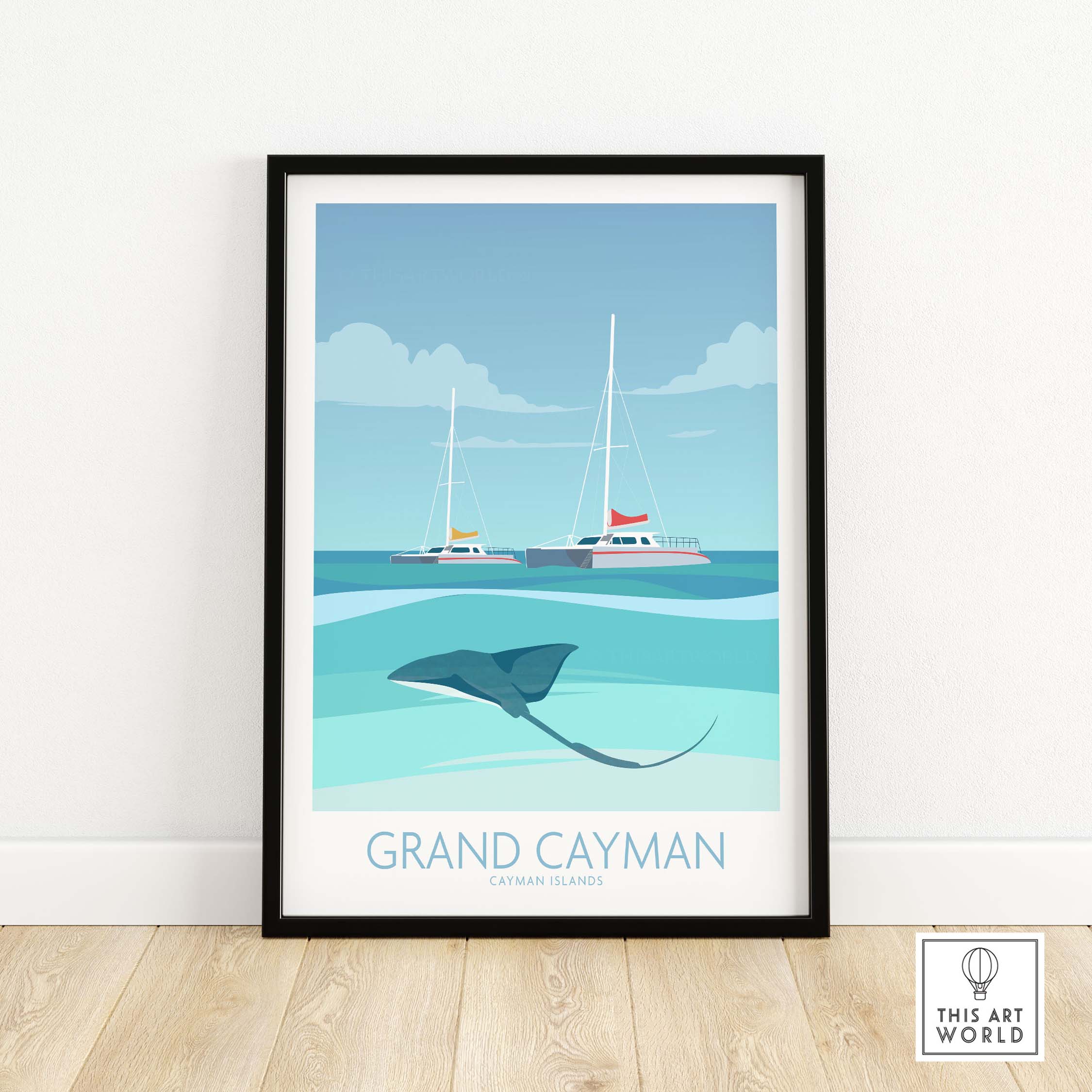 Grand Cayman art print poster featuring boats and a stingray in turquoise waters, perfect for home or office decor.