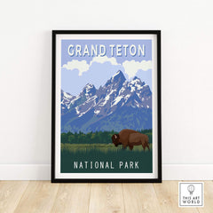 Grand Teton National Park vintage print featuring mountains and bison, perfect for home or office decor.