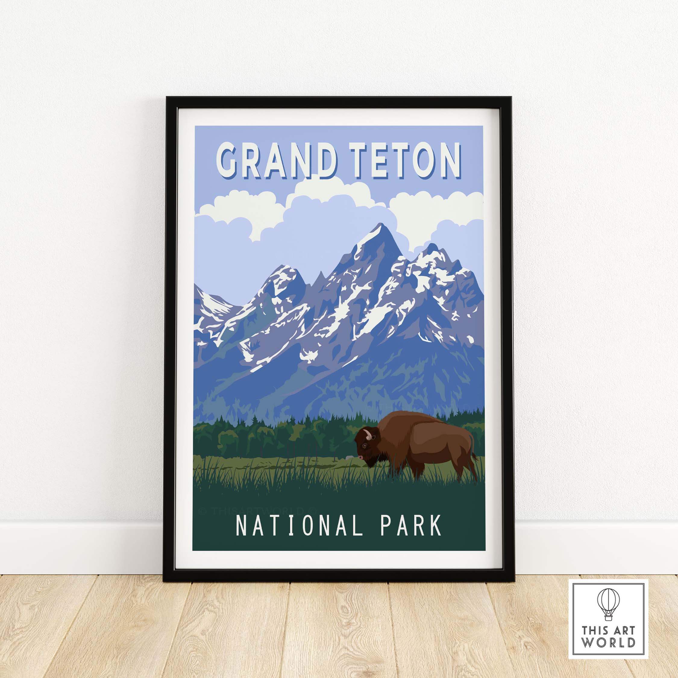 Grand Teton National Park vintage print featuring mountains and bison, perfect for home or office decor.