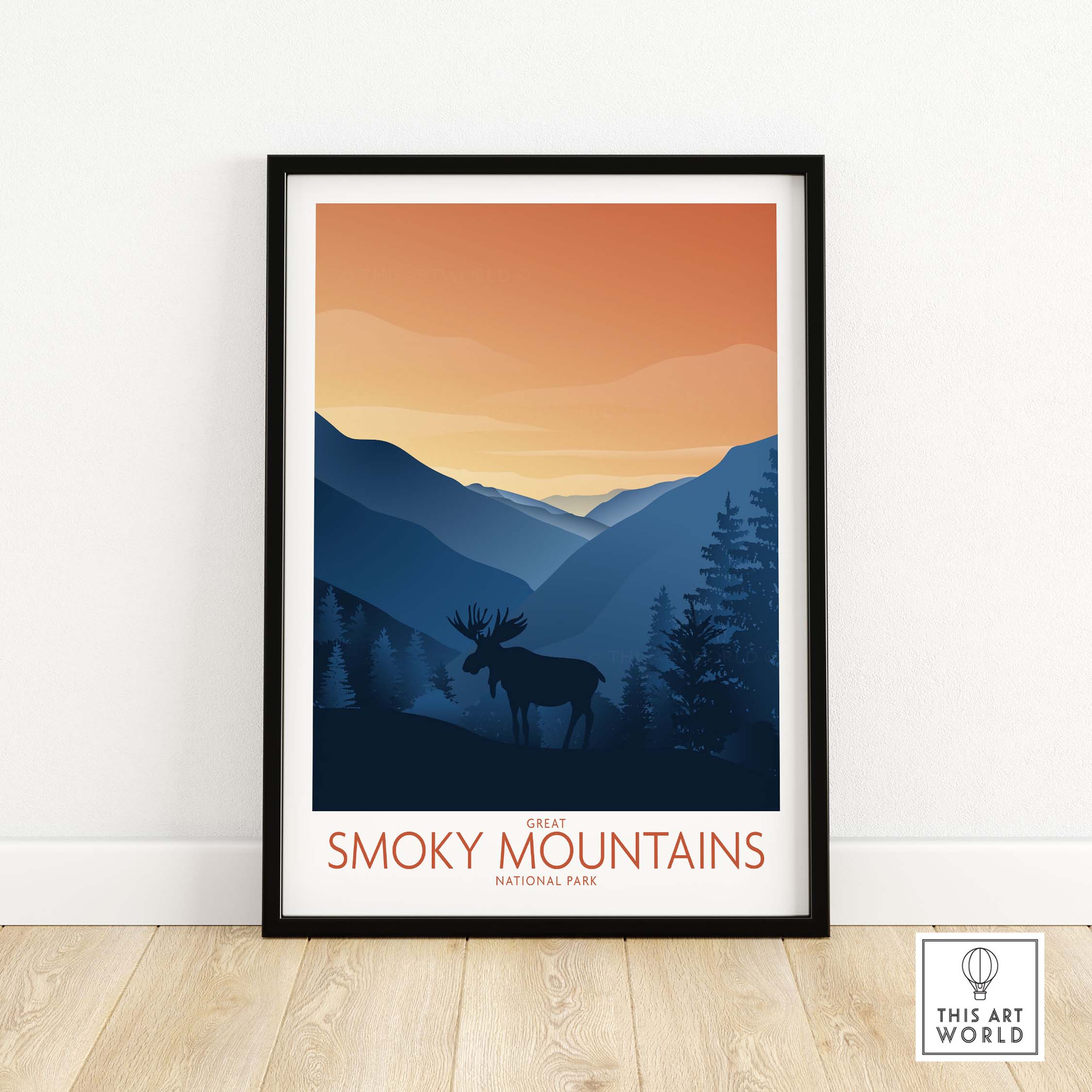 Smoky Mountains National Park Art Print featuring a moose silhouette and a sunset backdrop in minimalist style.