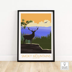 Great Smoky Mountains vintage poster featuring a majestic stag silhouette and vibrant landscape colors.