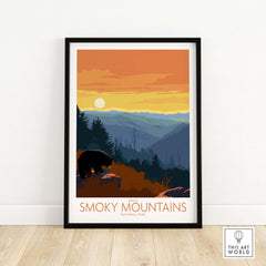 Smoky Mountains poster print featuring a bear and sunset, inspired by vintage National Park art, perfect for home decor.