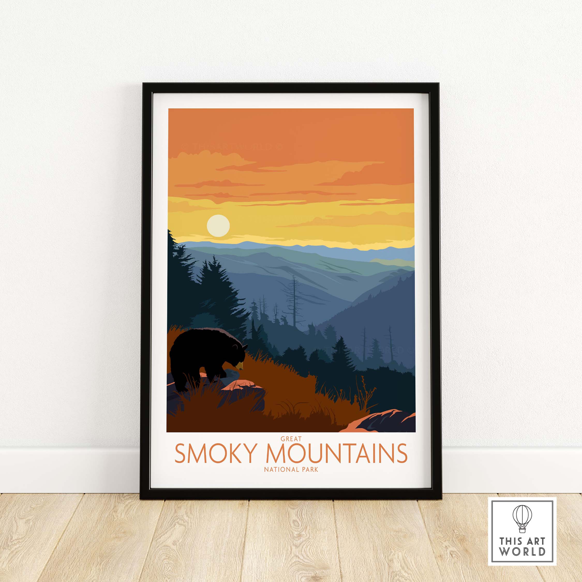 Smoky Mountains poster print featuring a bear and sunset, inspired by vintage National Park art, perfect for home decor.