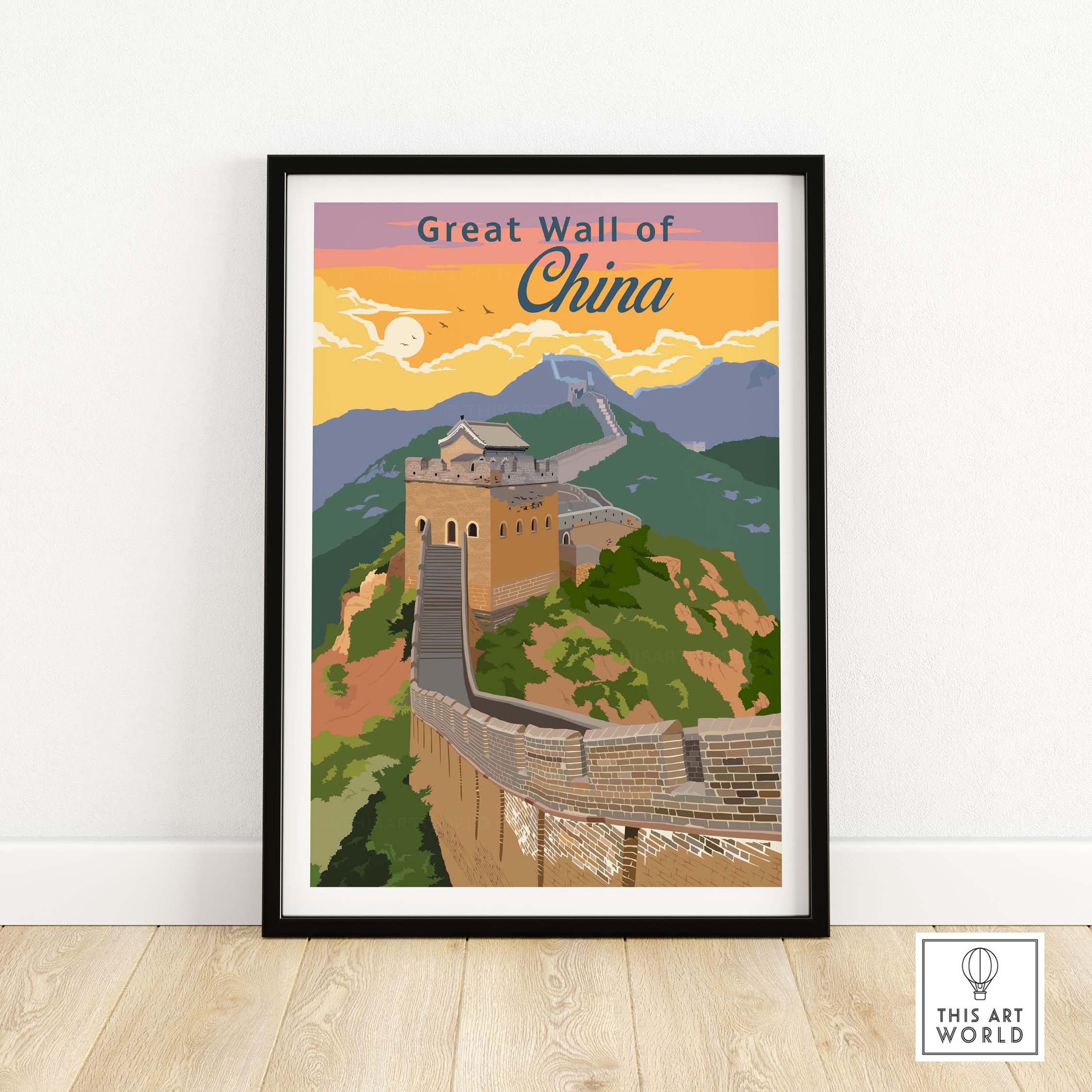 Great Wall of China poster print showcasing vintage travel art with a colorful sunset backdrop.