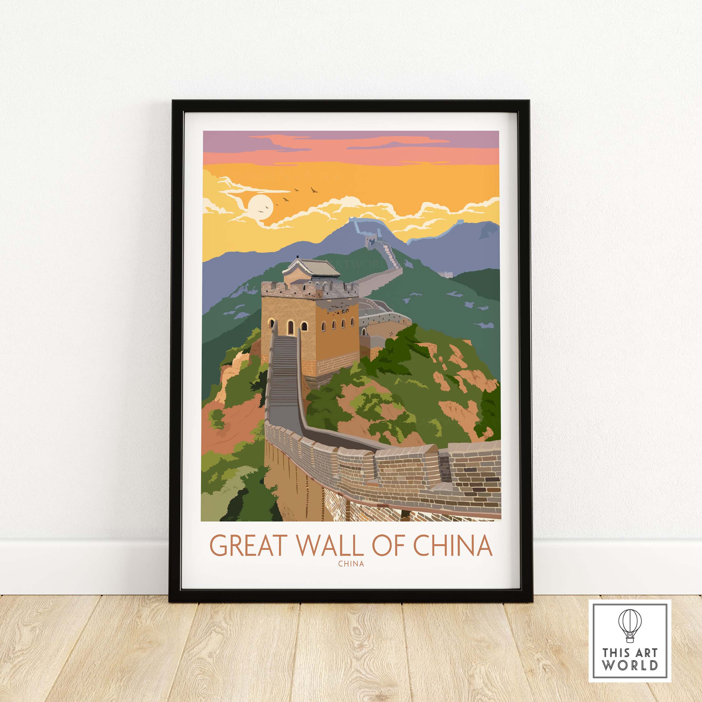 Great Wall of China print in a modern frame, showcasing vibrant colors and vintage travel art design.