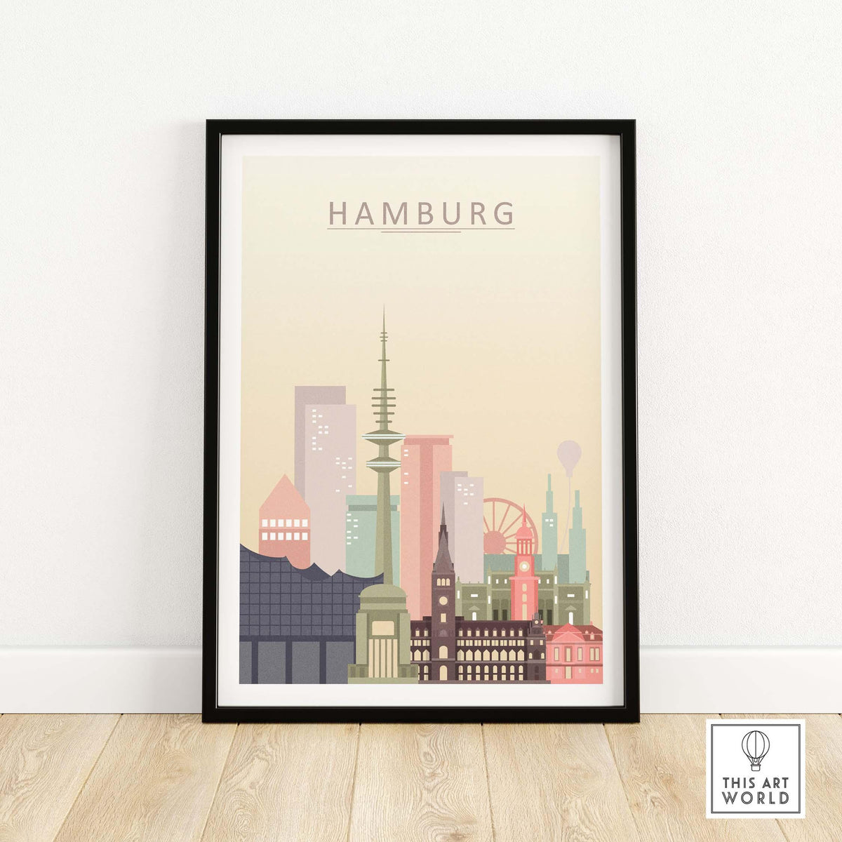 Hamburg City Skyline print in pastel tones, framed wall art showcasing iconic architecture and design.