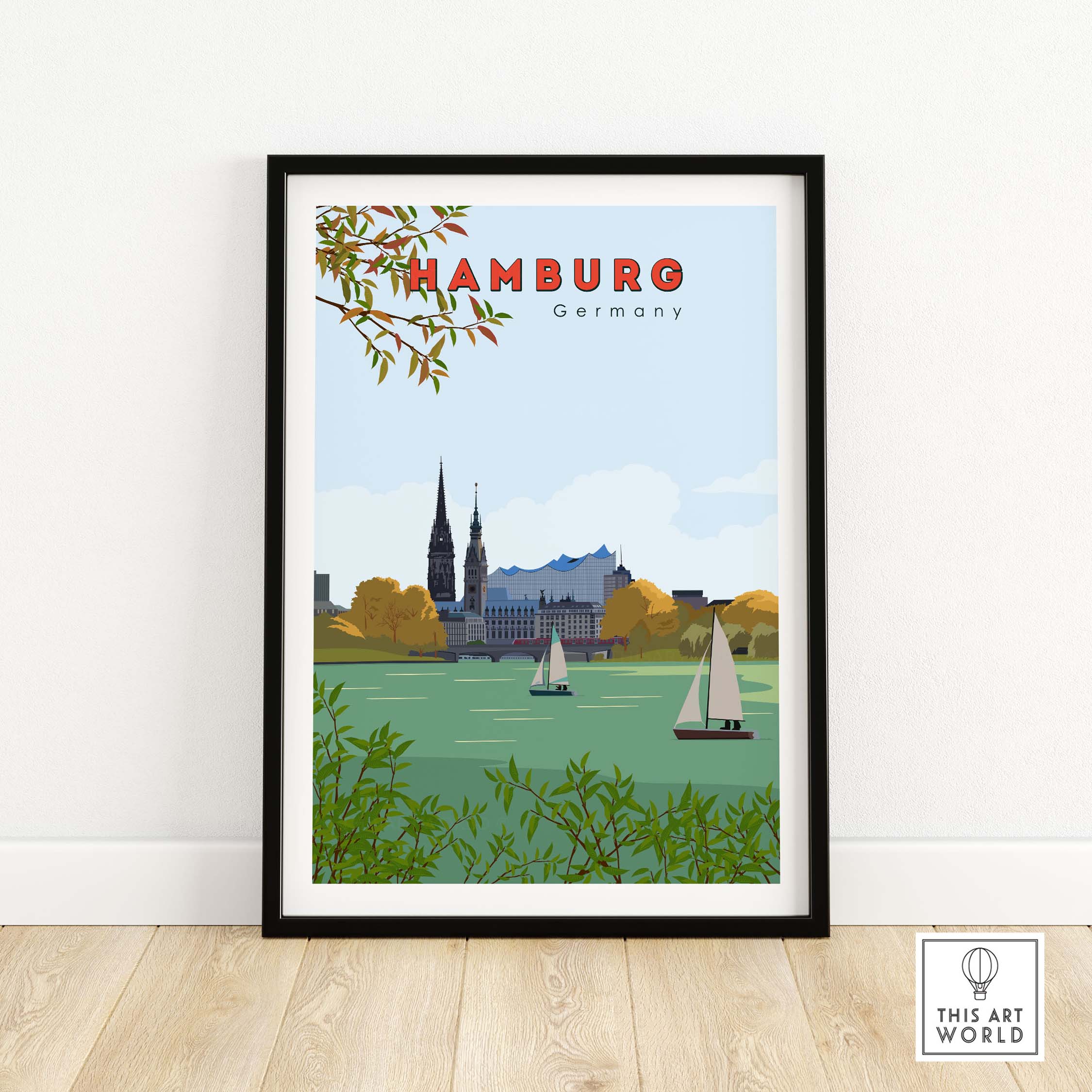 Vintage Hamburg poster print showcasing a scenic view of the city with sailboats on the water.
