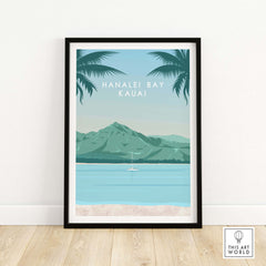 Kauai wall art poster featuring Hanalei Bay, with mountains, ocean, and palm trees in a vintage style.