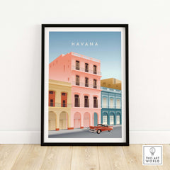 Havana Wall Art Poster featuring colorful vintage buildings and a classic car, perfect for home or office decor.