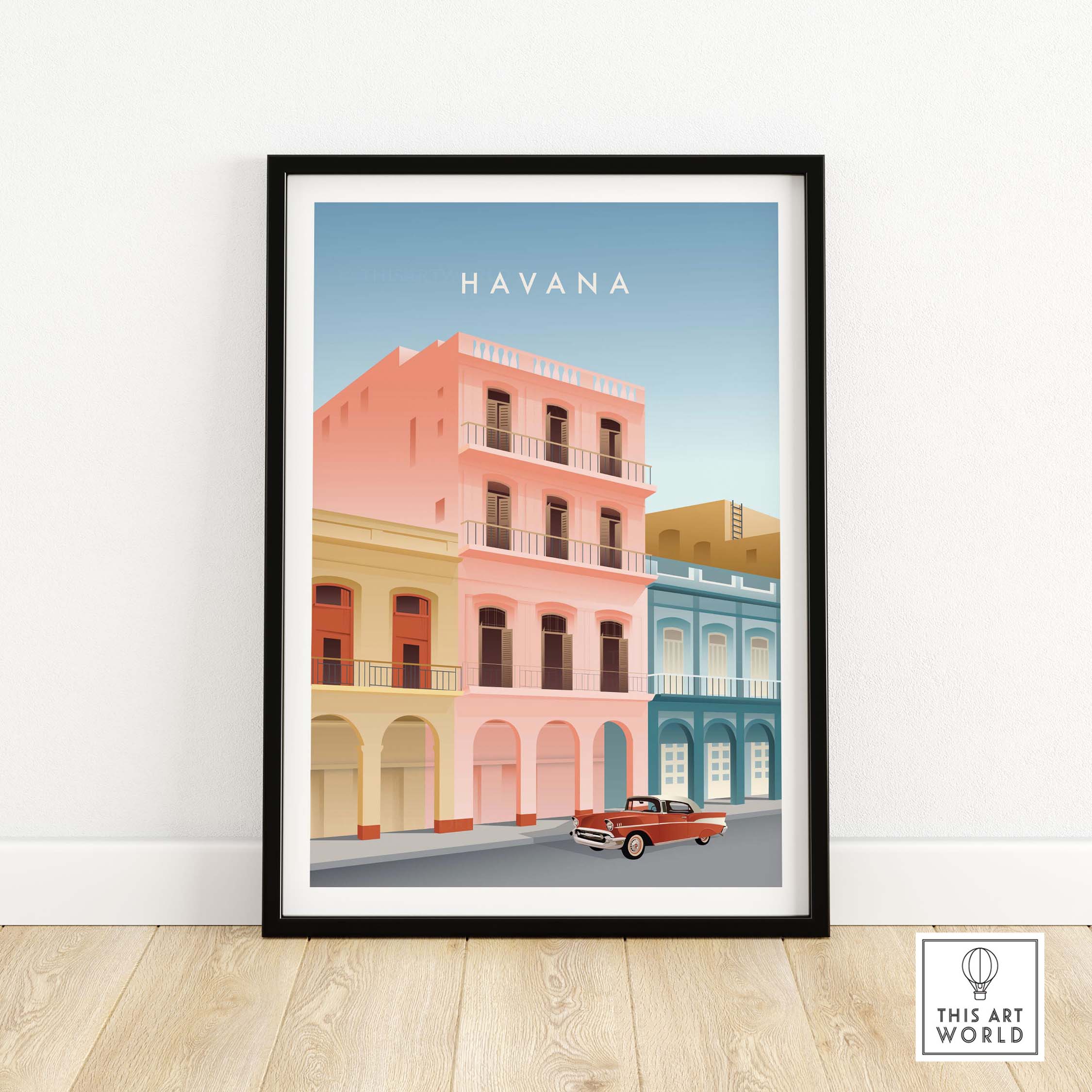 Havana Wall Art Poster featuring colorful vintage buildings and a classic car, perfect for home or office decor.