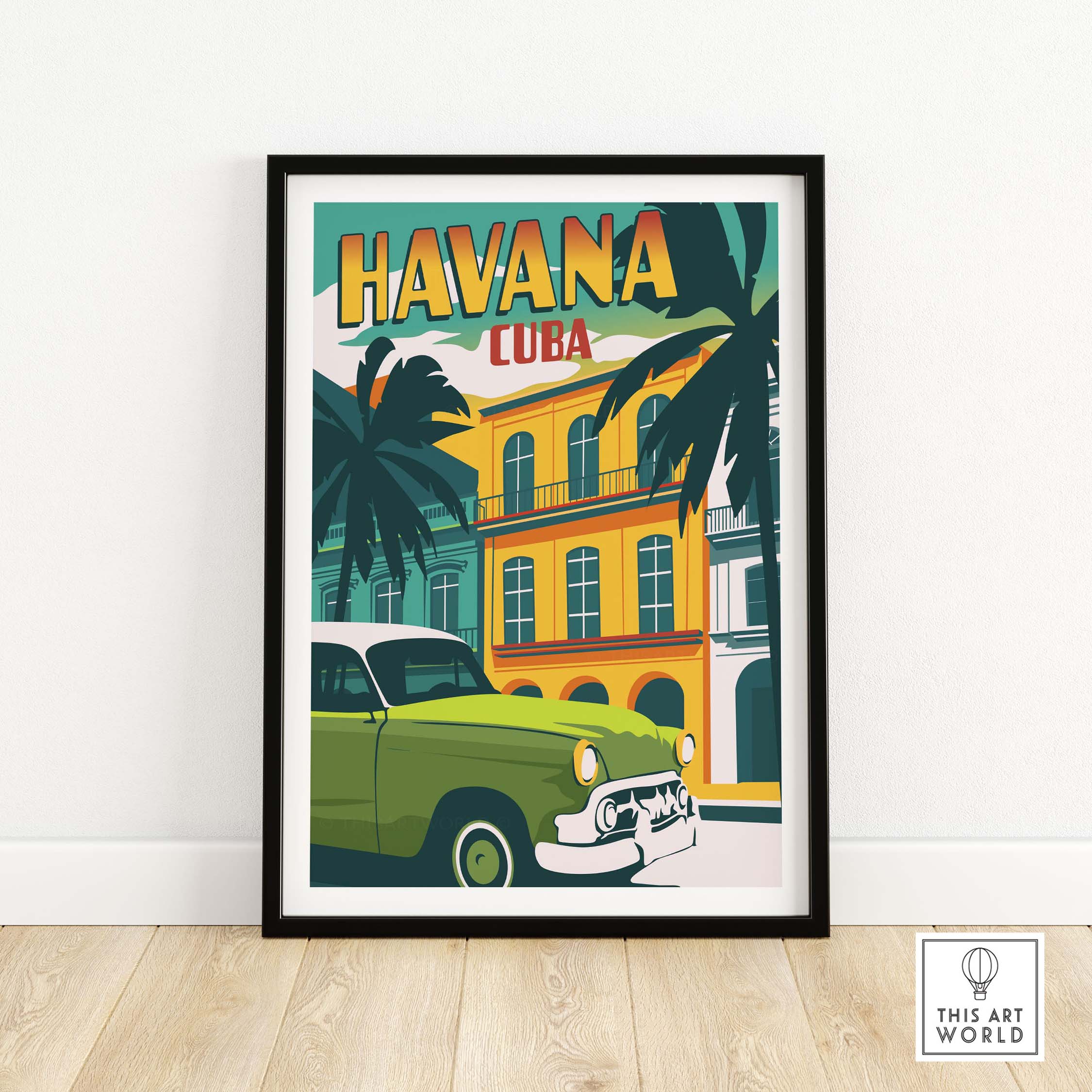 Havana Print Cuba Poster featuring a vintage car and vibrant architecture, perfect for wanderlust-inspired wall art.