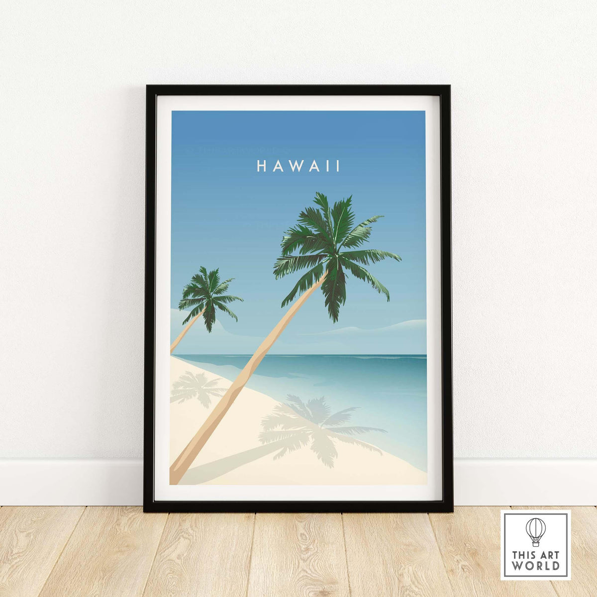 Hawaii wall art poster featuring palm trees and beach, perfect for home or office decor.