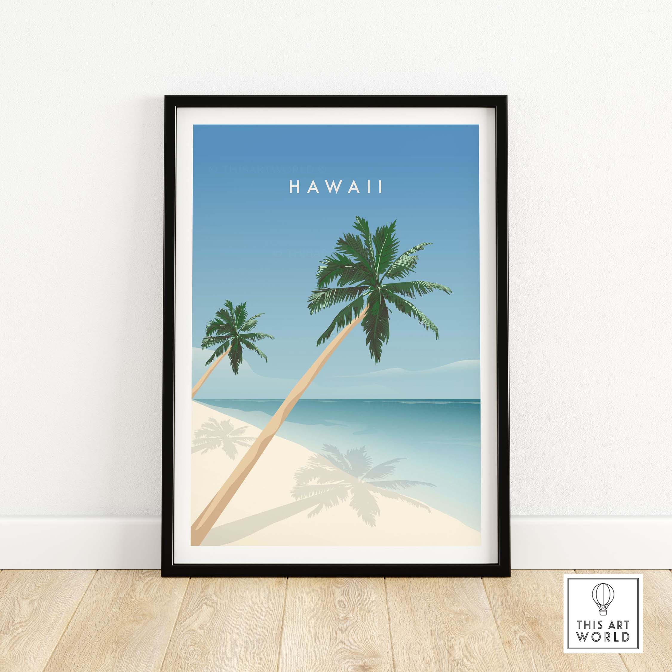 Hawaii wall art poster featuring palm trees and beach, perfect for home or office decor.