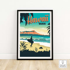 Hawaii Waikiki vintage travel poster wall art print featuring a surfer on the beach with scenic ocean backdrop.