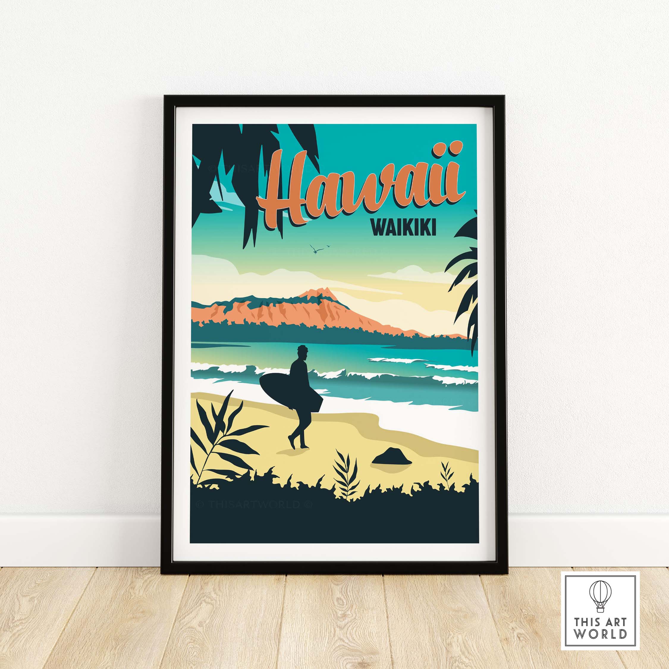 Hawaii Waikiki vintage travel poster wall art print featuring a surfer on the beach with scenic ocean backdrop.